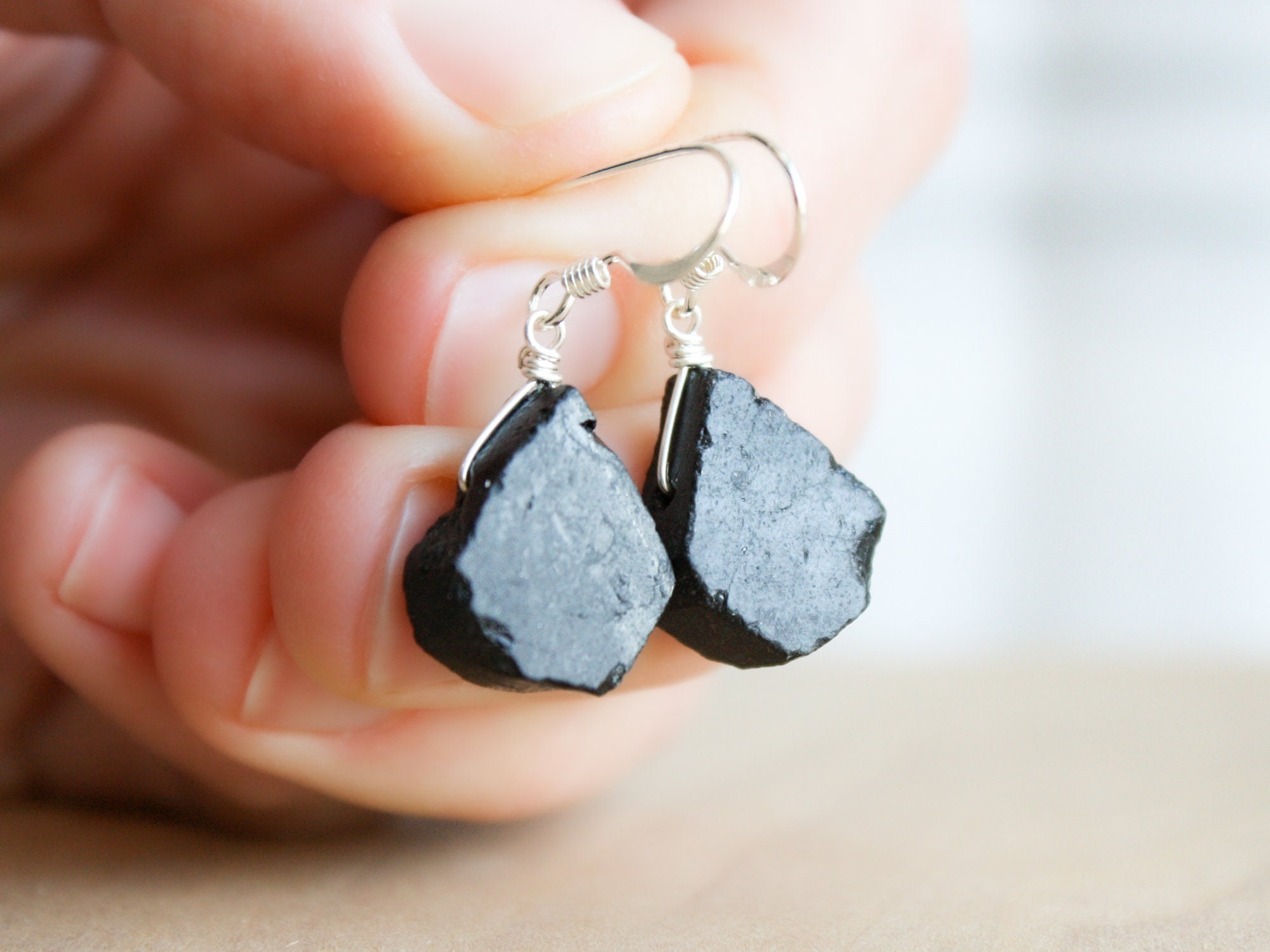 Raw Black Tourmaline Earrings: Sterling Silver Protection Dangles Raw Black Tourmaline Earrings: Sterling Silver Protection Dangles