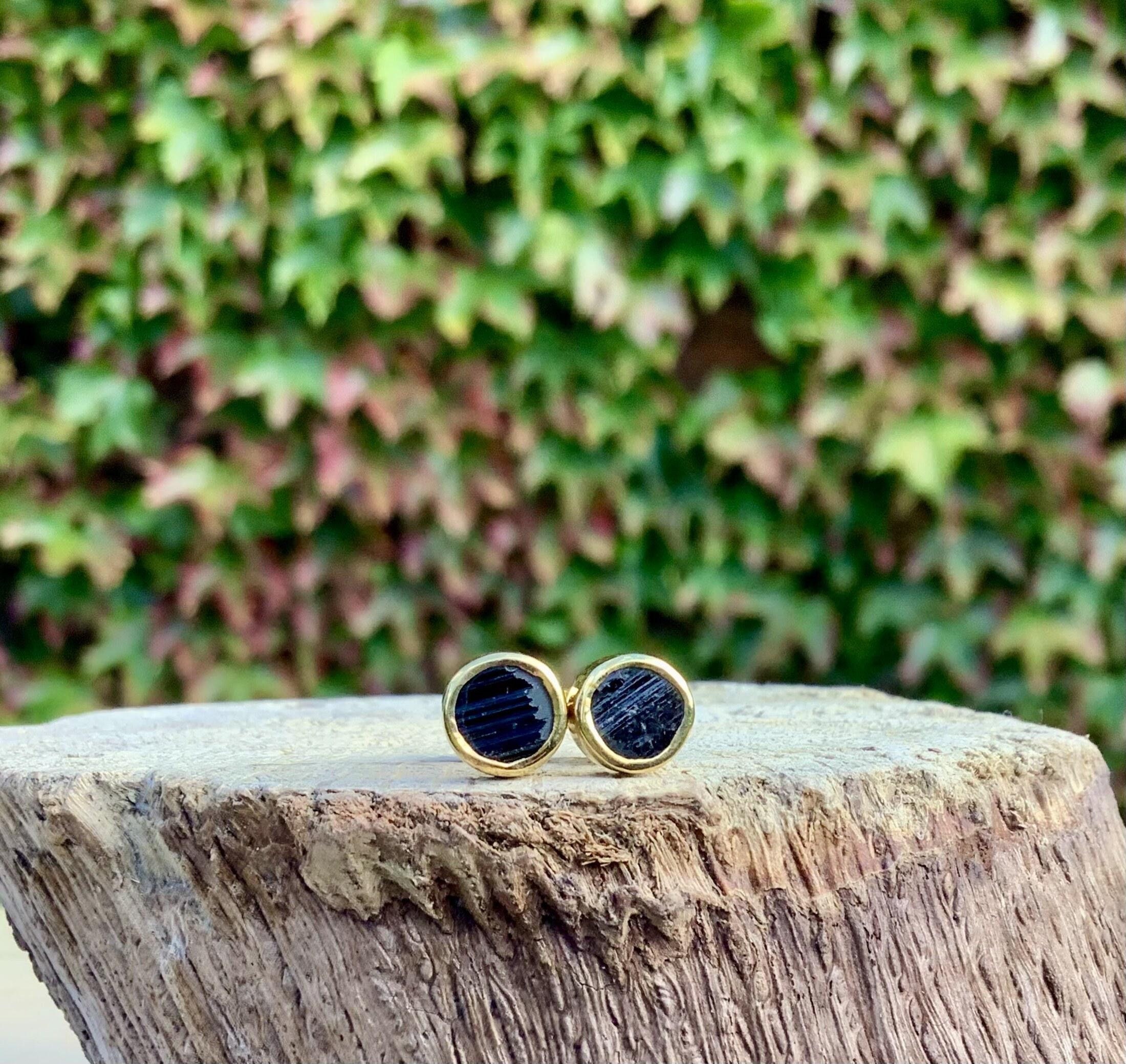 Raw Black Tourmaline Stud Earrings: 18k Gold Vermeil