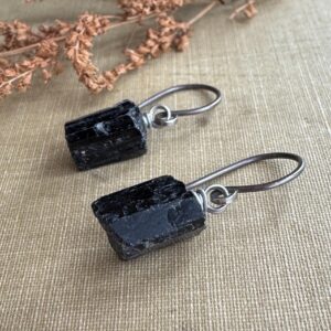 Rough Black Tourmaline Earrings, Raw Tourmaline Crystal Earrings, Small Black Earrings