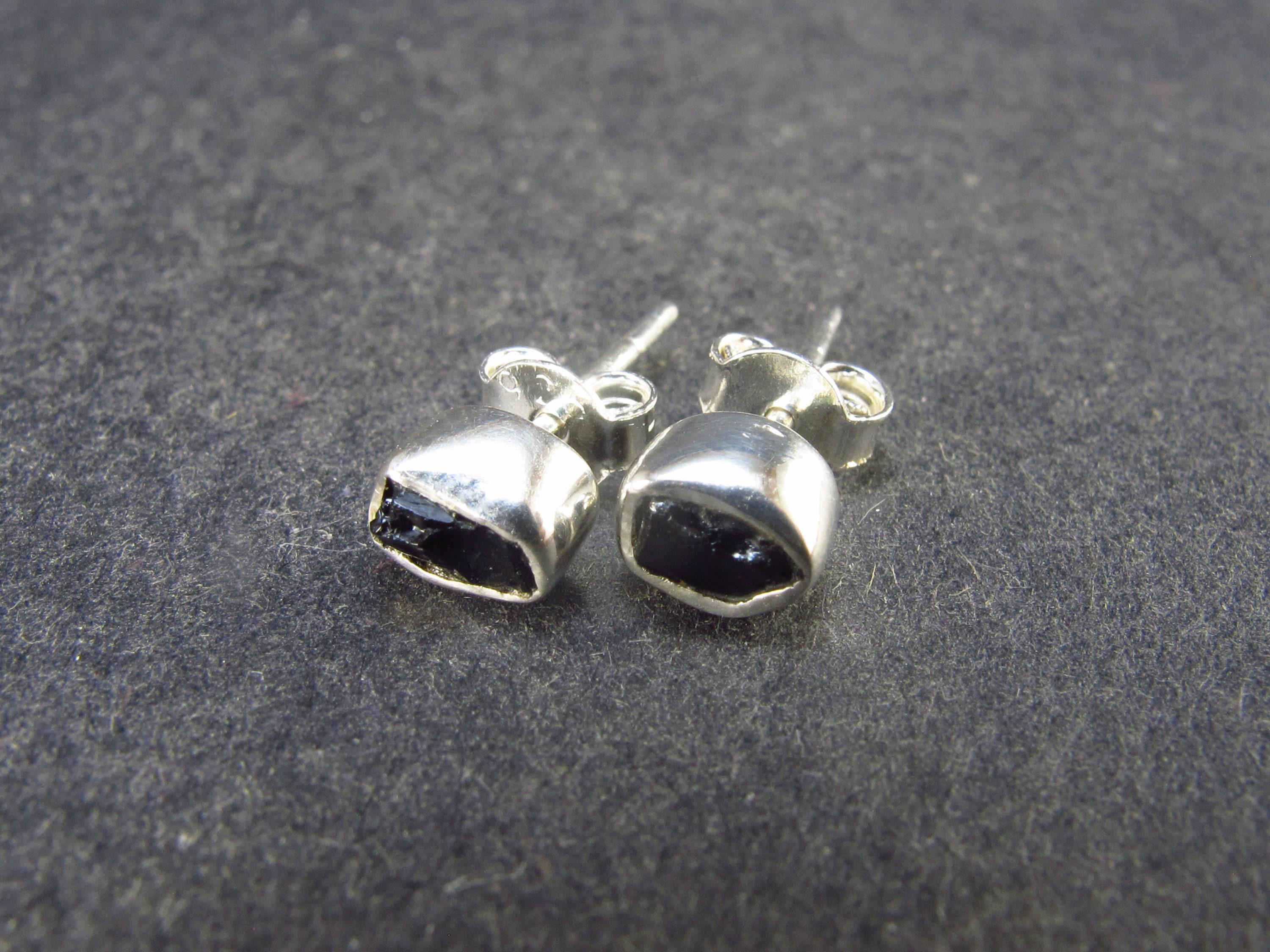 Black Tourmaline Schorl Crystal Stud Earrings In Sterling Silver From Brazil Black Tourmaline Schorl Crystal Stud Earrings In Sterling Silver From Brazil