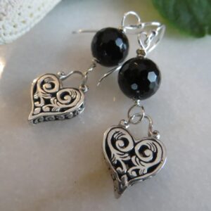 Scrolled Heart Sterling Silver Earrings, Black Tourmaline Gemstone