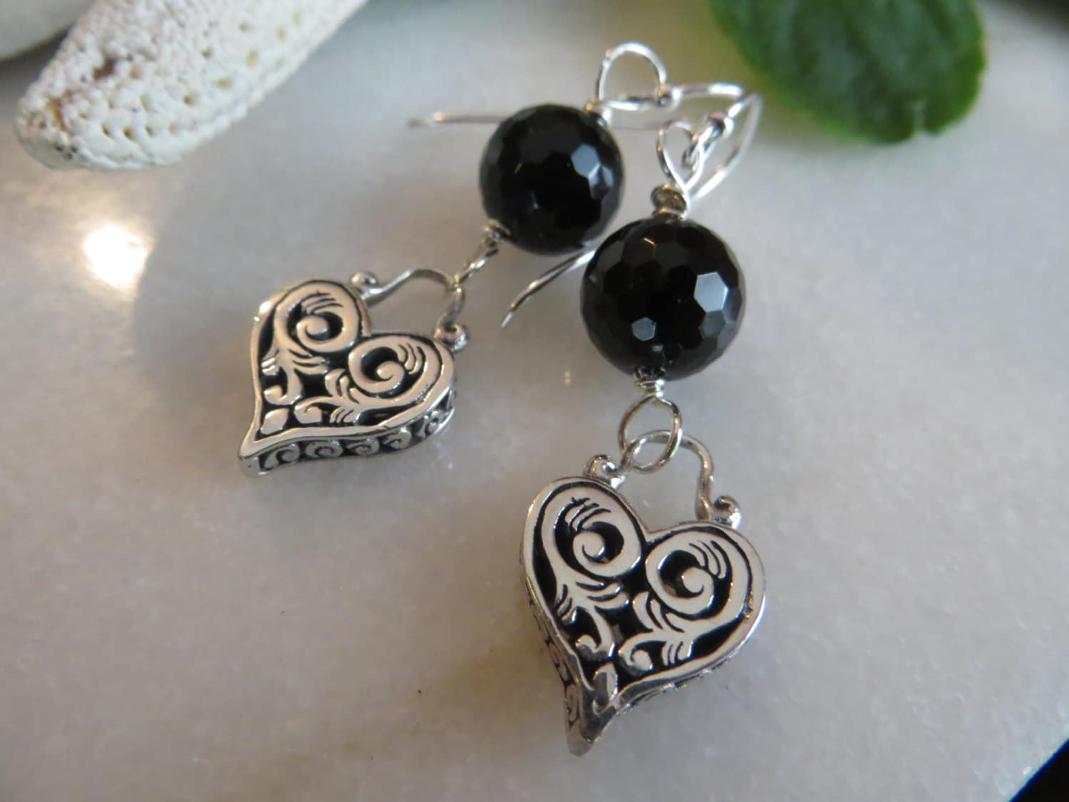 Scrolled Heart Sterling Silver Earrings, Black Tourmaline Gemstone