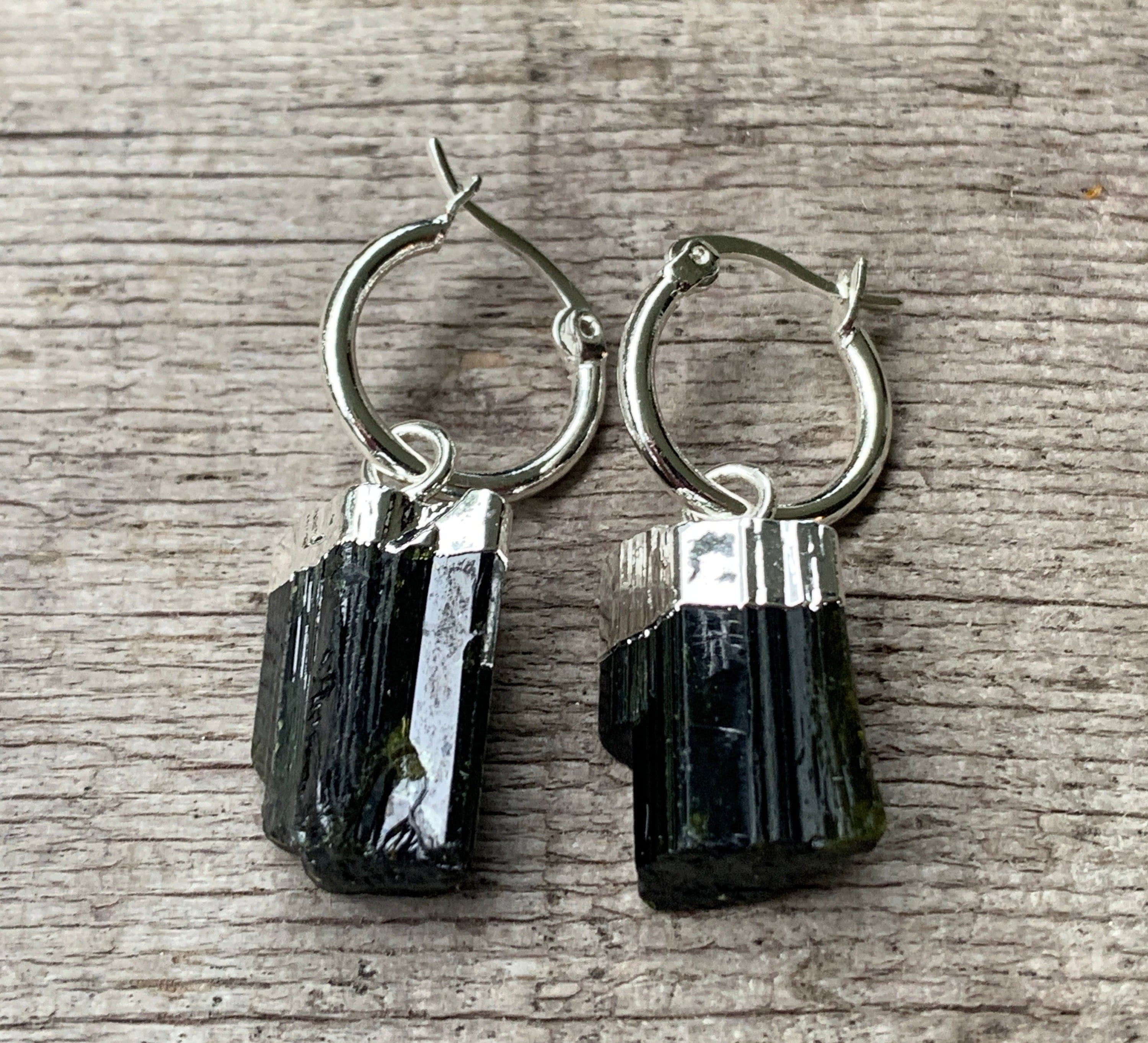 Silver Electroplated Raw Black Tourmaline Silver Statement Earrings | Raw Stone Earrings | Chunky Silver Earrings | Boho Earrings