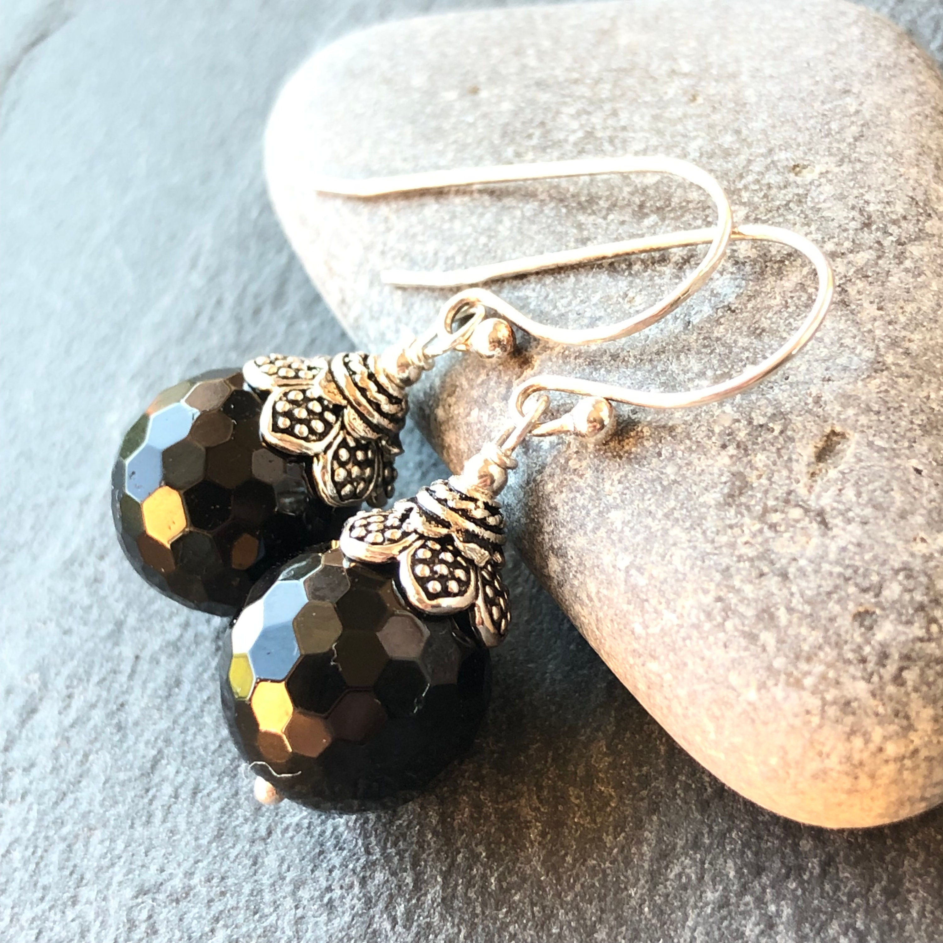 Black Tourmaline Earrings, Sterling Silver Dangle Drops 7185 Black Tourmaline Earrings, Sterling Silver Dangle Drops 7185