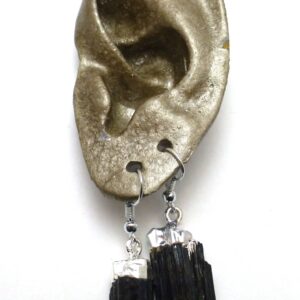 Black Tourmaline Earrings Sterling Silver Ear Wires Electroformed Reflective Raw Crystal Rough Energy
