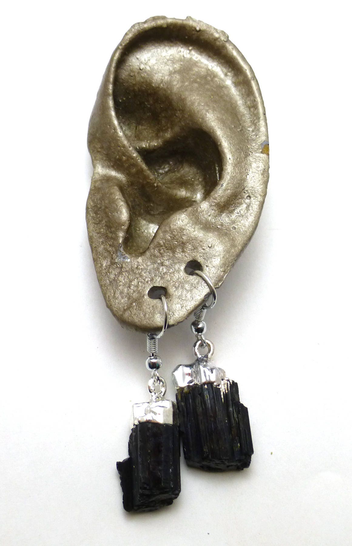 Black Tourmaline Earrings Sterling Silver Ear Wires Electroformed Reflective Raw Crystal Rough Energy