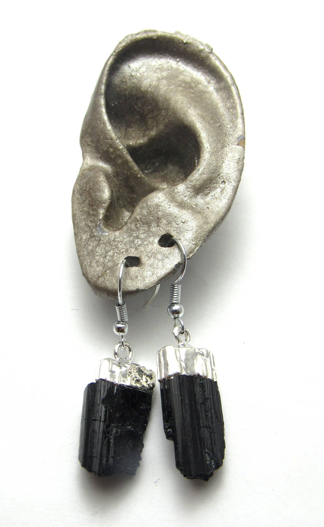 Black Tourmaline Earrings Sterling Silver Ear Wires Electroformed Reflective Raw Crystal Rough Energy