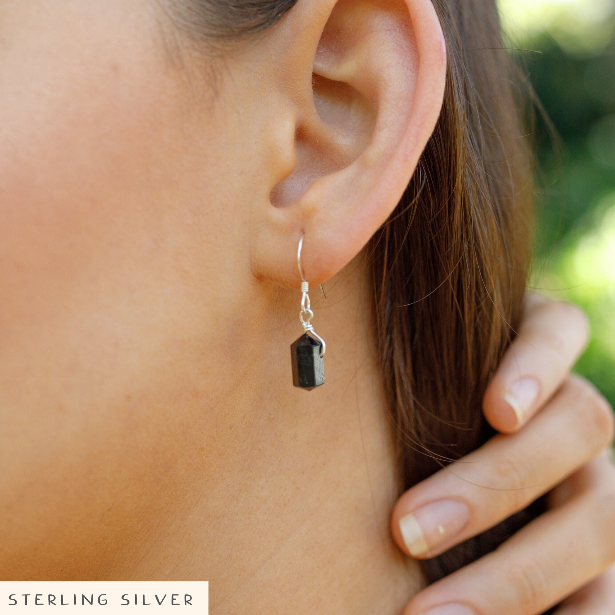Black Tourmaline Sterling Silver Drop Earrings, Double Terminated Crystal