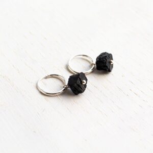 Sterling silver small hoops with raw black tourmaline, raw crystal earrings in gold, rose gold, October birthstone, minimalistic earrings
