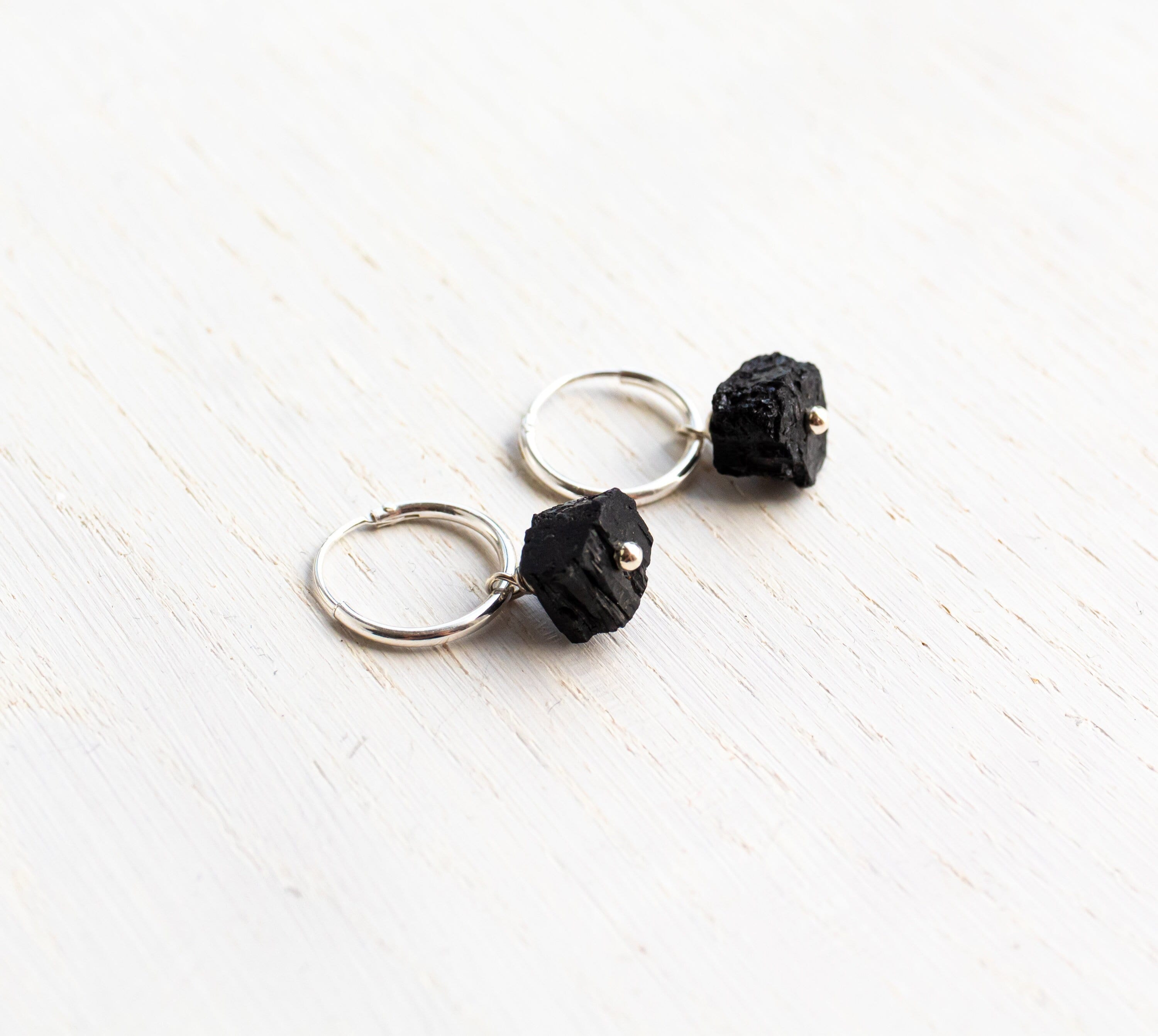 Sterling Silver Small Hoops With Raw Black Tourmaline, Raw Crystal Earrings In Gold, Rose Gold, October Birthstone, Minimalistic Earrings