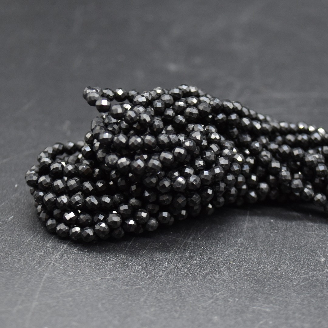 3mm Black Tourmaline Gemstone Faceted Round Beads - 15" Strand 3mm Black Tourmaline Gemstone Faceted Round Beads - 15" Strand