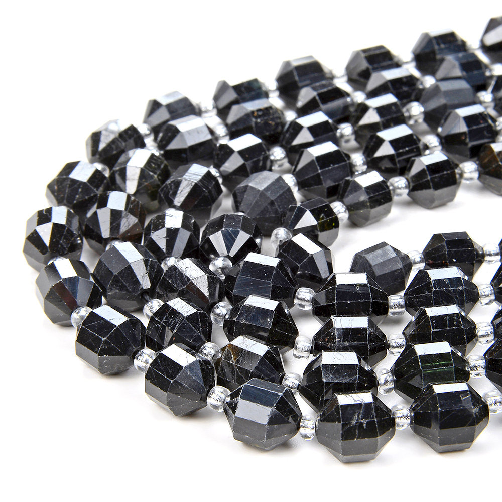 8mm Natural Black Tourmaline Gemstone Grade A Faceted Prism Double Point Cut Loose Beads (d29)