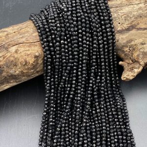 AAA Genuine Natural Black Tourmaline Faceted Round Beads 2mm 3mm 4mm 5mm 6mm Micro Diamond Cut Gemstone 15.5" Strand