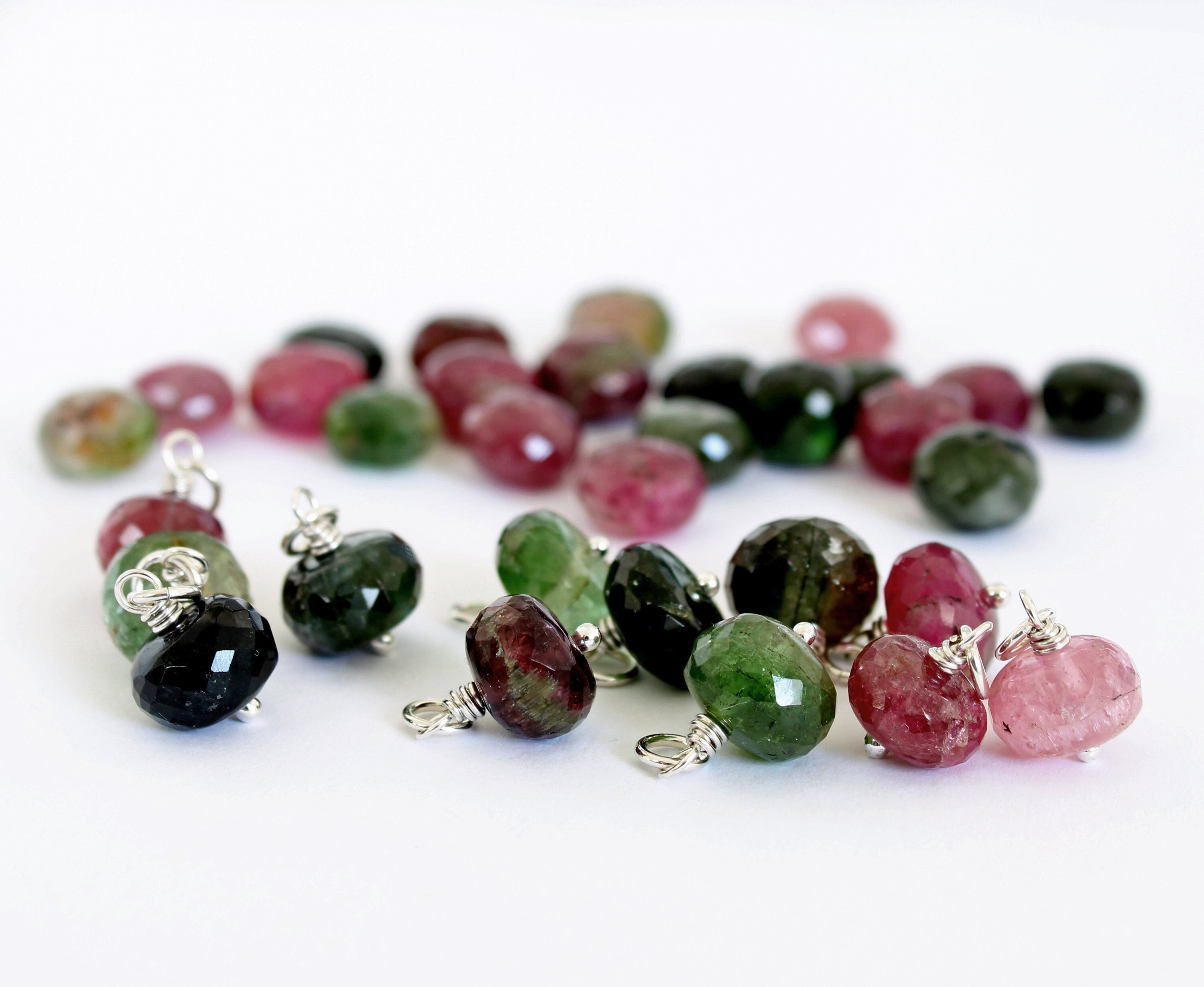 Tourmaline Charms, Faceted Tourmaline Dangles, Sterling Silver Wire Wrapped With Or Without Jump Rings, Pink, Green, Black Tourmaline Tourmaline Charms, Faceted Tourmaline Dangles, Sterling Silver Wire Wrapped With Or Without Jump Rings, Pink, Green, Black Tourmaline