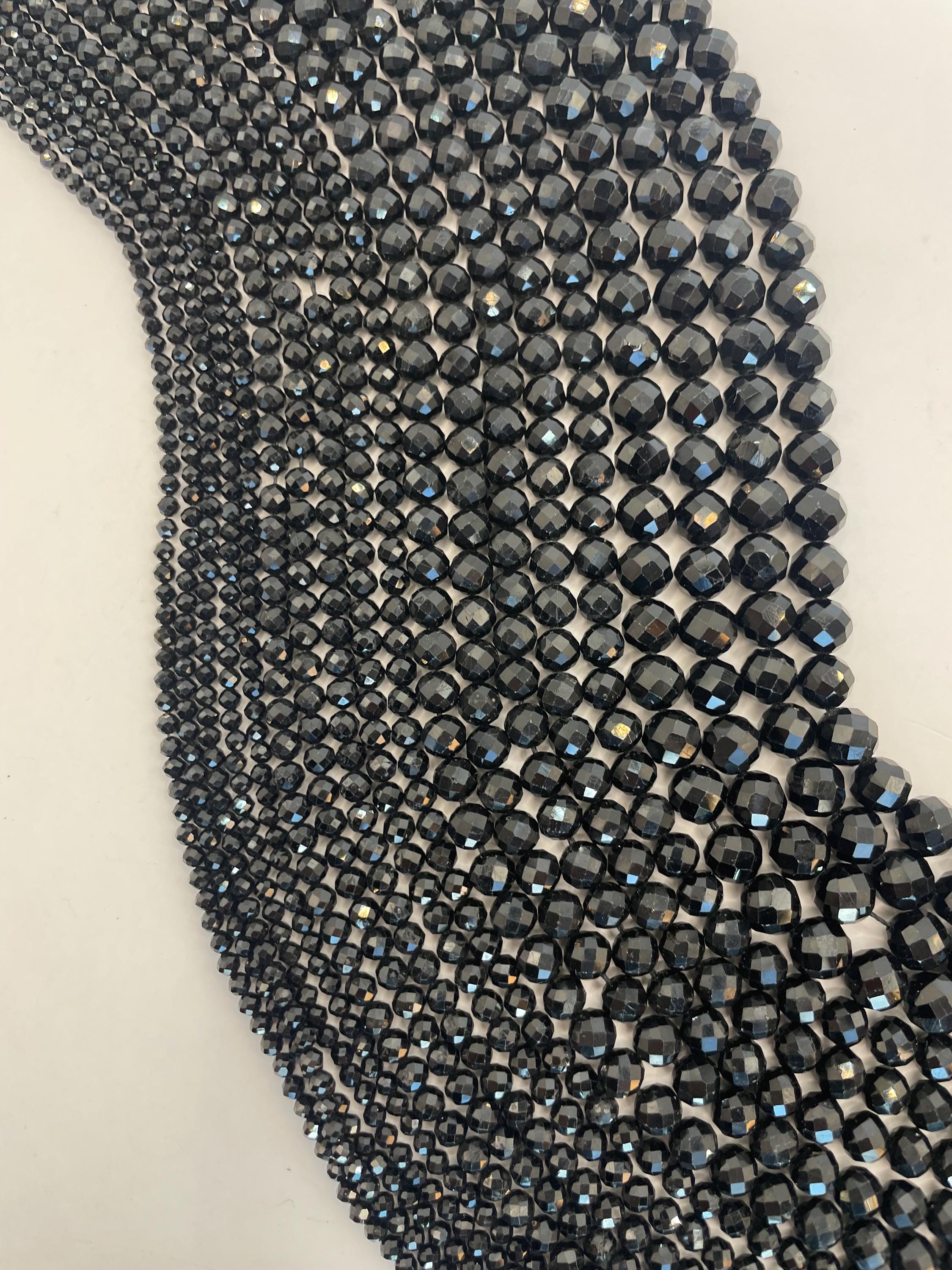 Faceted Black Tourmaline Gemstone Beads. 15” Strands Of Round Faceted Black Tourmaline, Sizes 3-8mm Available.