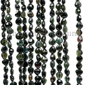 Black Tourmaline Faceted Heart Briolette Beads, 20cm Strand