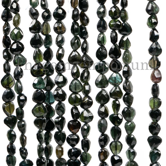 Black Tourmaline Faceted Heart Briolette Beads, 20cm Strand