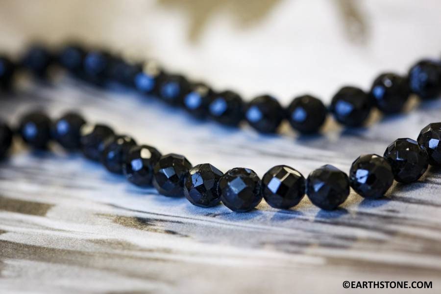 M/ Black Tourmaline 7mm/ 8mm Faceted Round Beads 15.5" Strand Natural Gemstone For Jewelry Making