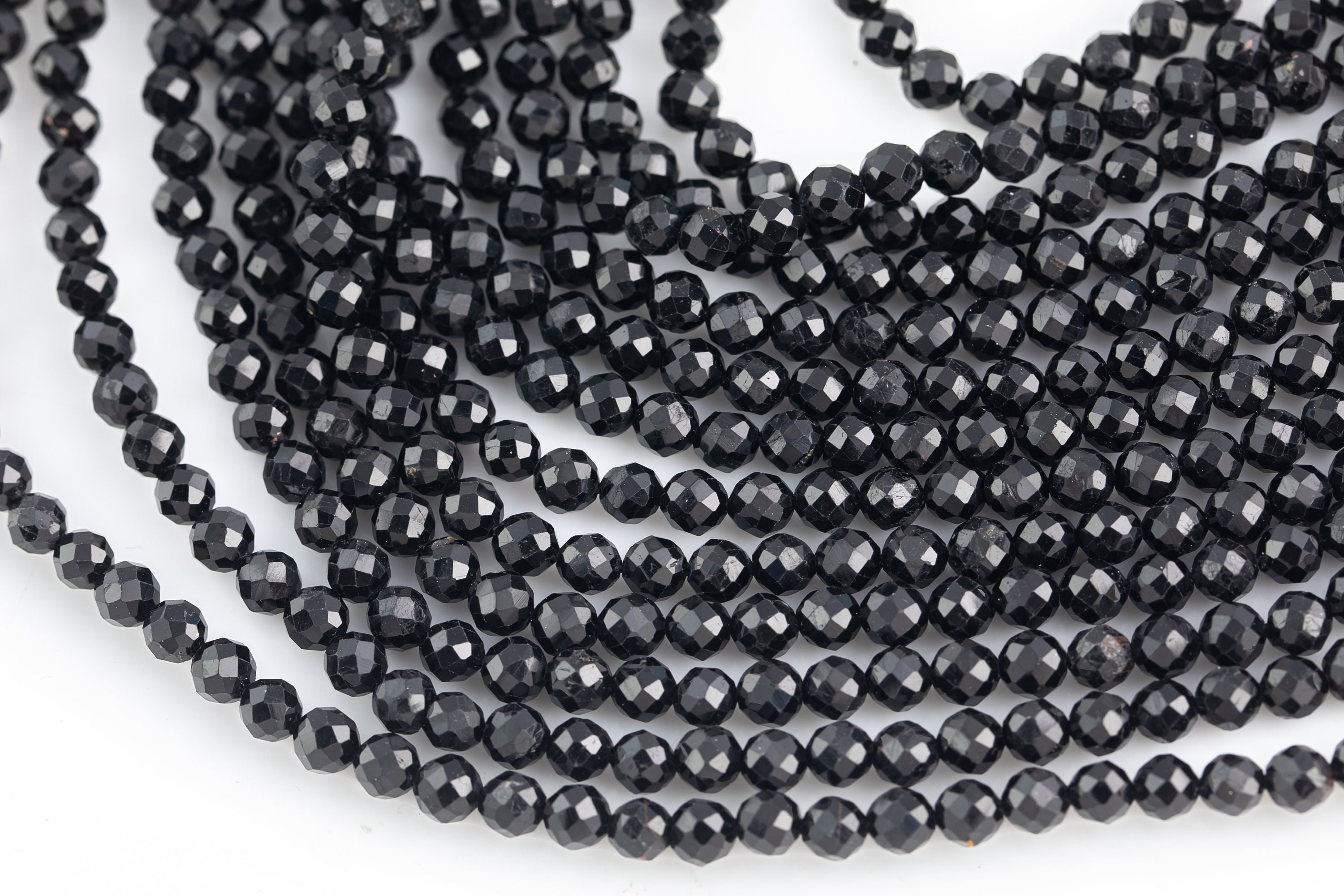 Natural Faceted  Black Tourmaline A Grade  High Quality In Faceted Round-full Strand,3mm And 4mm - Wholesale Beads Gemstone Beads