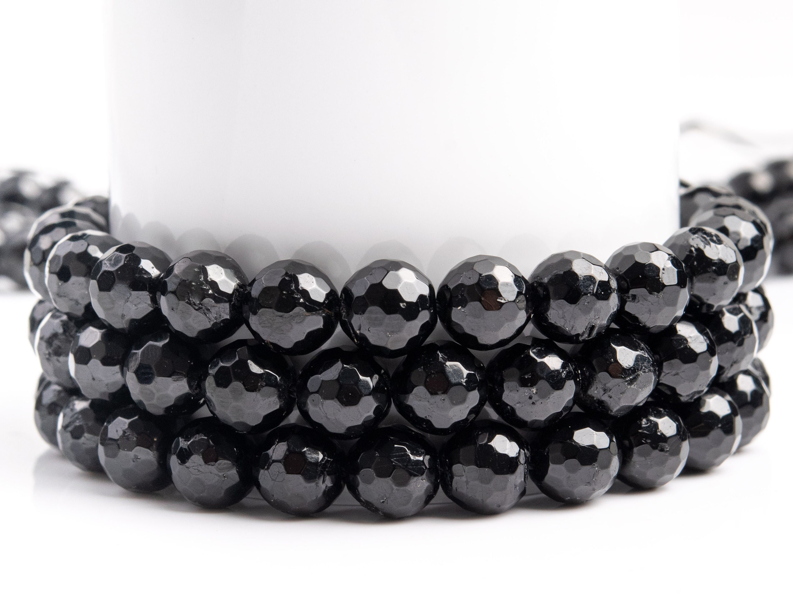 Natural Black Tourmaline Gemstone Grade A Micro Faceted Round 7-8mm 9-10mm Loose Beads
