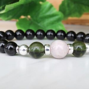 Black Tourmaline, Moldavite Bracelet, Kunzite Gemstone Bracelet, Crystal Healing Green Energy Jewelry, RT143