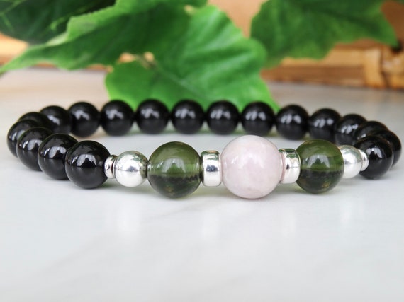 Black Tourmaline, Moldavite Bracelet, Kunzite Gemstone Bracelet, Crystal Healing Green Energy Jewelry, Rt143