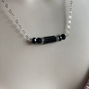 Black Tourmaline Bar Necklace - Sterling Silver Wire Wrapped Natural Black Tourmaline Bar Necklace