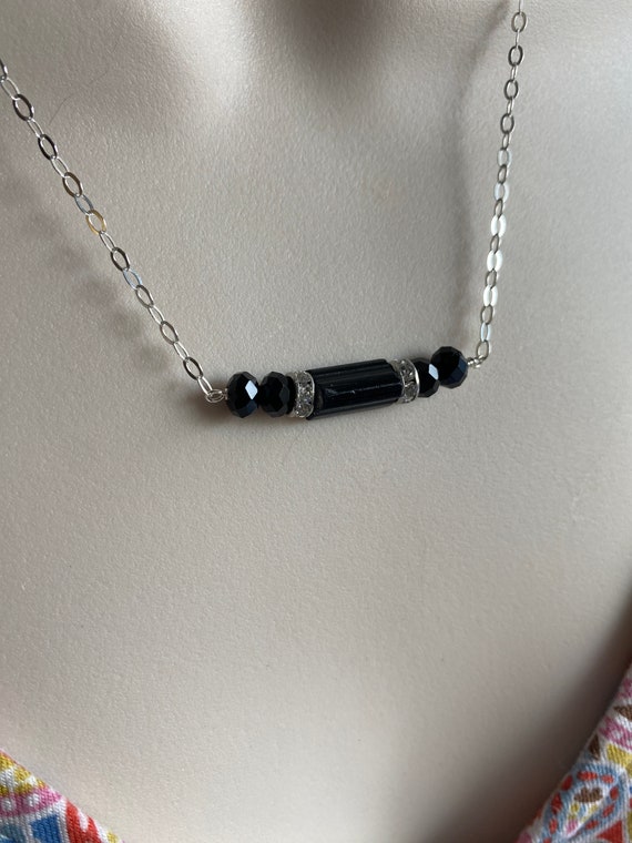 Black Tourmaline Bar Necklace - Sterling Silver Wire Wrapped Natural Black Tourmaline  Bar Necklace
