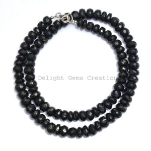 Black Tourmaline Beaded Necklace, Faceted Rondelle Beads, 18 Inches