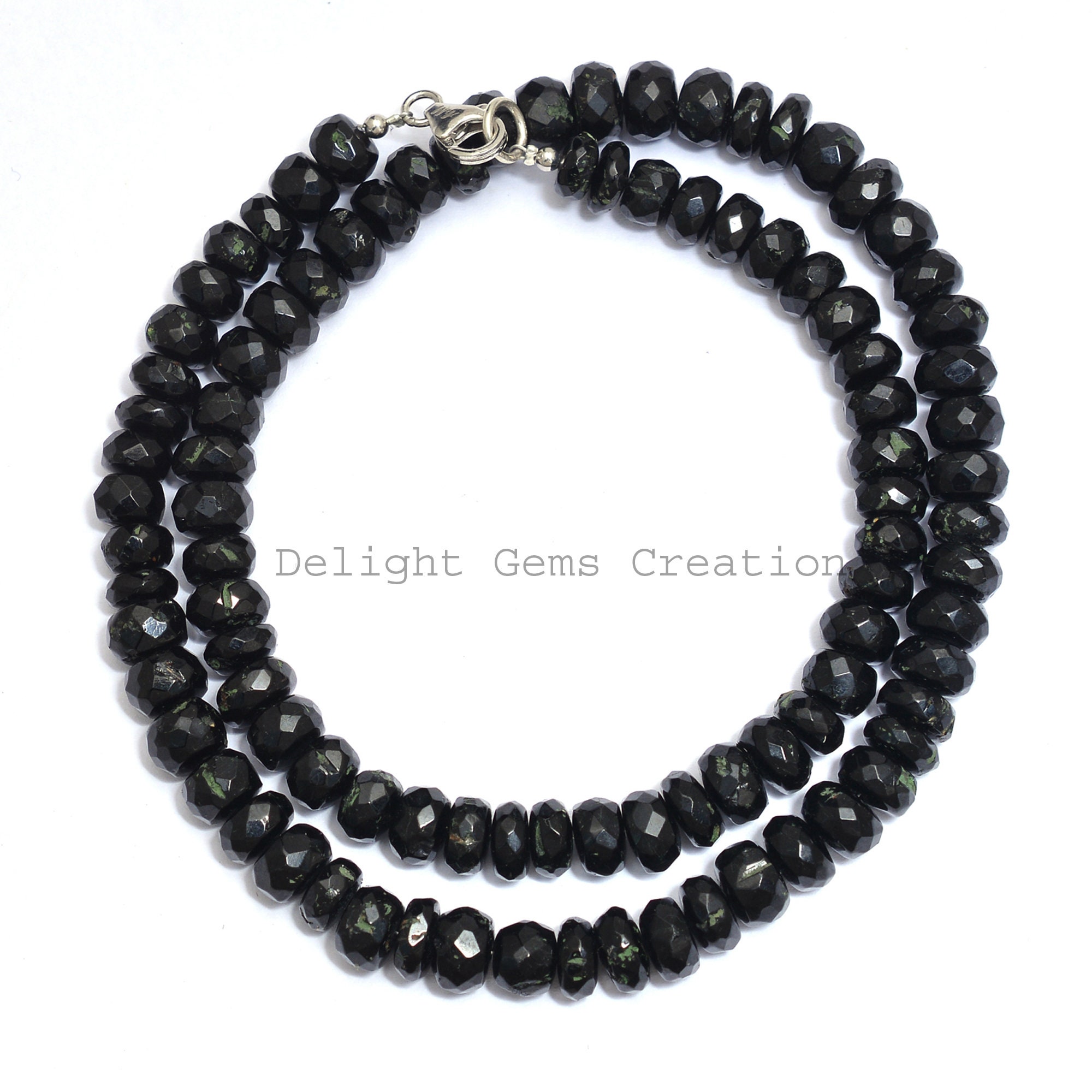 Black Tourmaline Beaded Necklace, Faceted Rondelle Beads, 18 Inches
