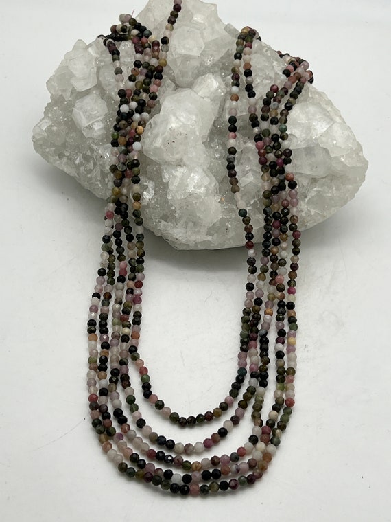 Five Strand Pink, Green And Black Tourmaline Beaded Necklace-18-20" Five Strand Pink, Green And Black Tourmaline Beaded Necklace-18-20"