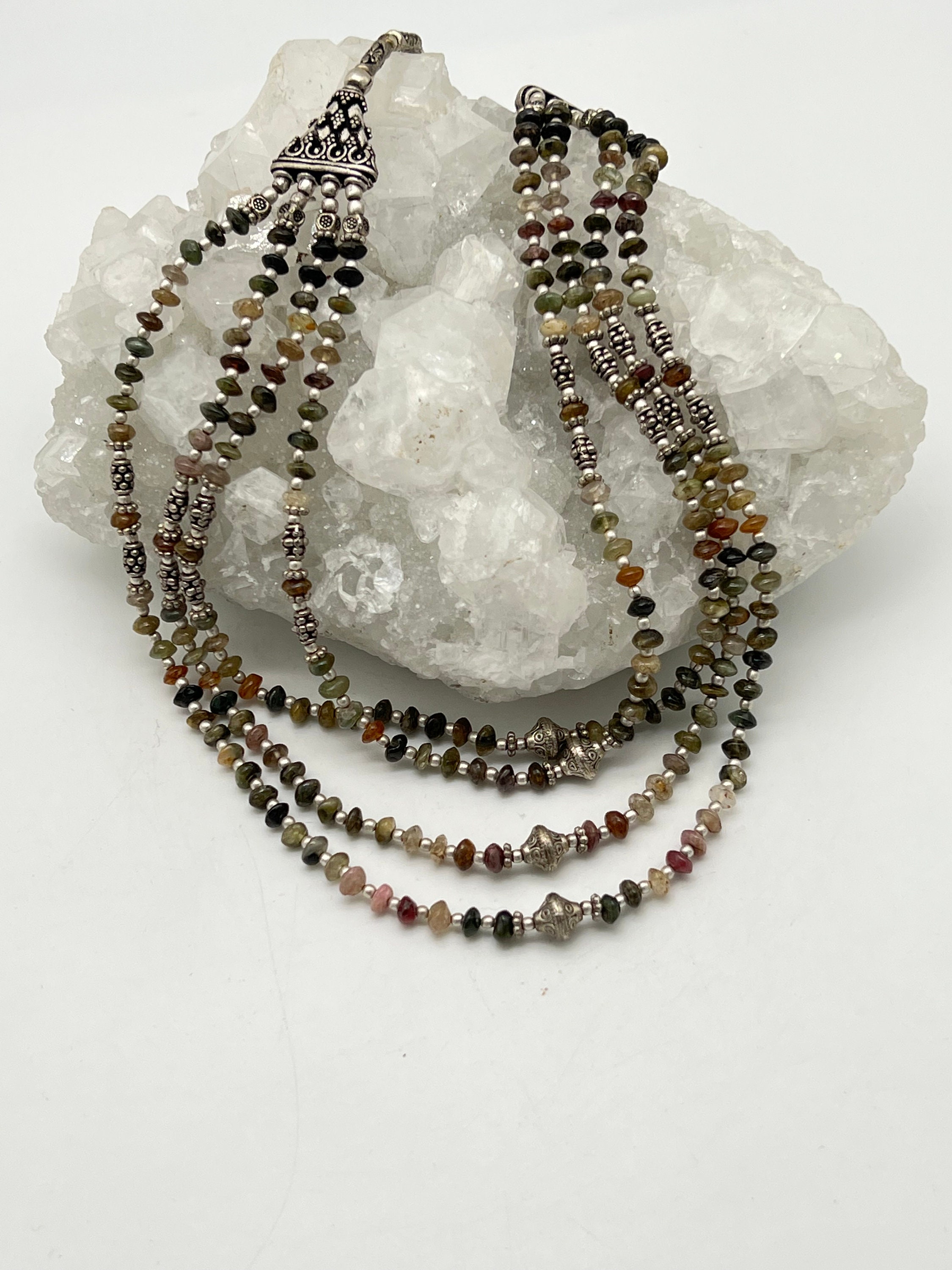 Four Strand Pink, Green And Black Tourmaline Necklace 18-20"