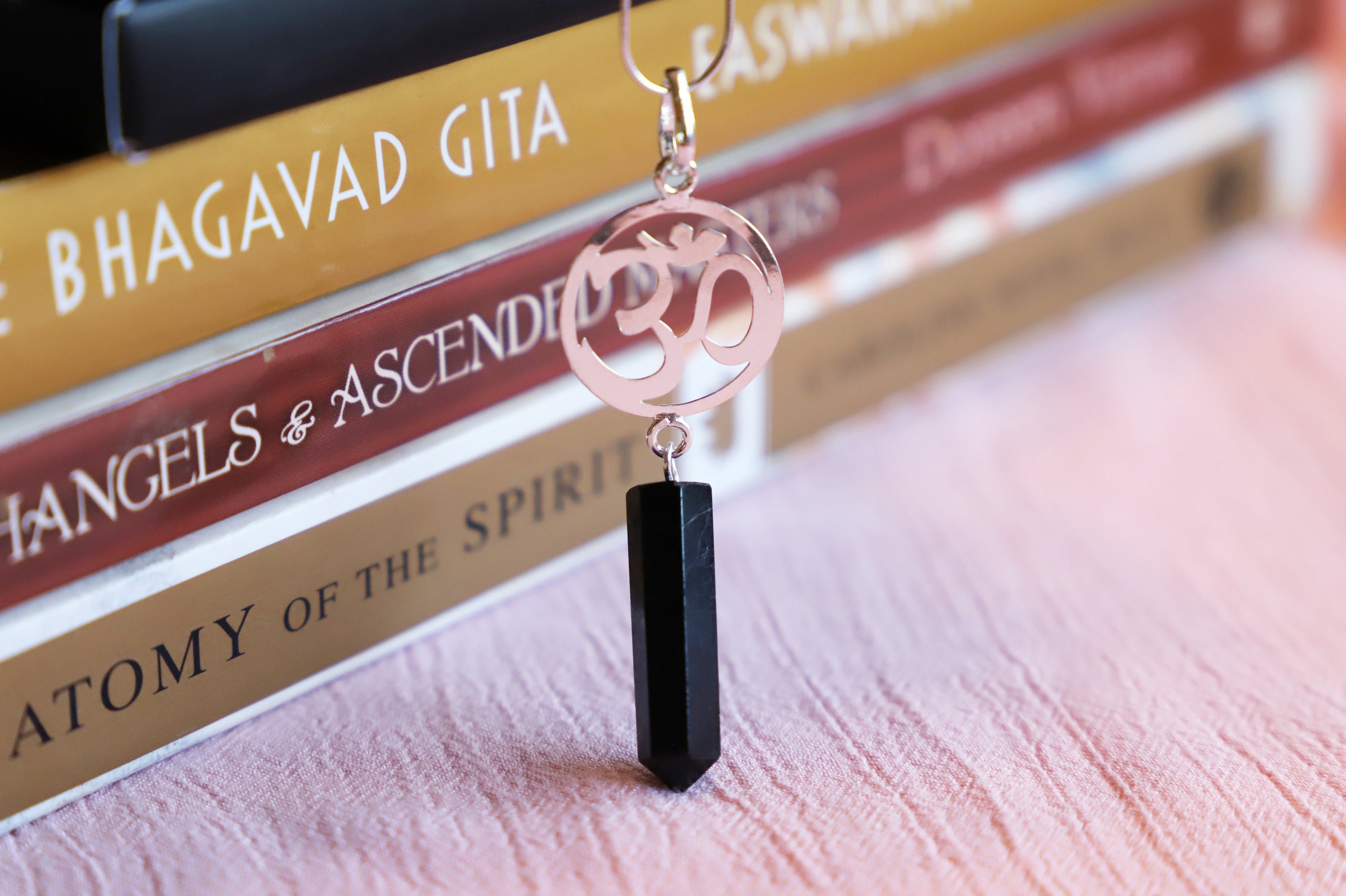 Black Tourmaline Gemstone Necklace, Om Symbol, Protection Crystal, Black Crystal Black Tourmaline Gemstone Necklace, Om Symbol, Protection Crystal, Black Crystal