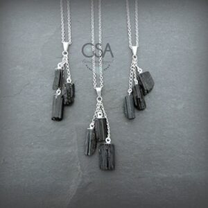 Black Tourmaline Gemstone Necklace • Triple Tourmaline Raw Stone Necklace • Natural Rough Tourmaline Silver Necklace • Affordable Jewelry