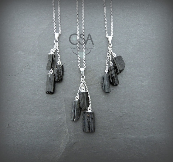 Black Tourmaline Gemstone Necklace • Triple Tourmaline Raw Stone Necklace • Natural Rough Tourmaline Silver Necklace • Affordable Jewelry