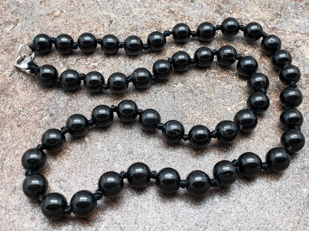 Black Tourmaline Hand Knotted Necklace With Lobster Claw Clasp