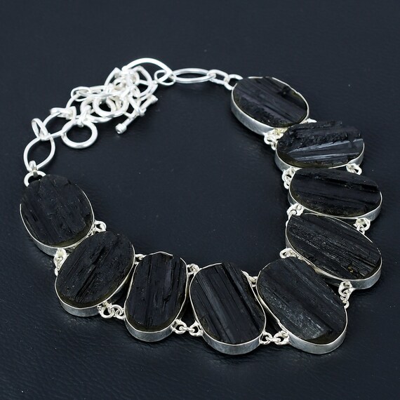Handmade Black Tourmaline 925 Sterling Silver Necklace - Adjustable Chain