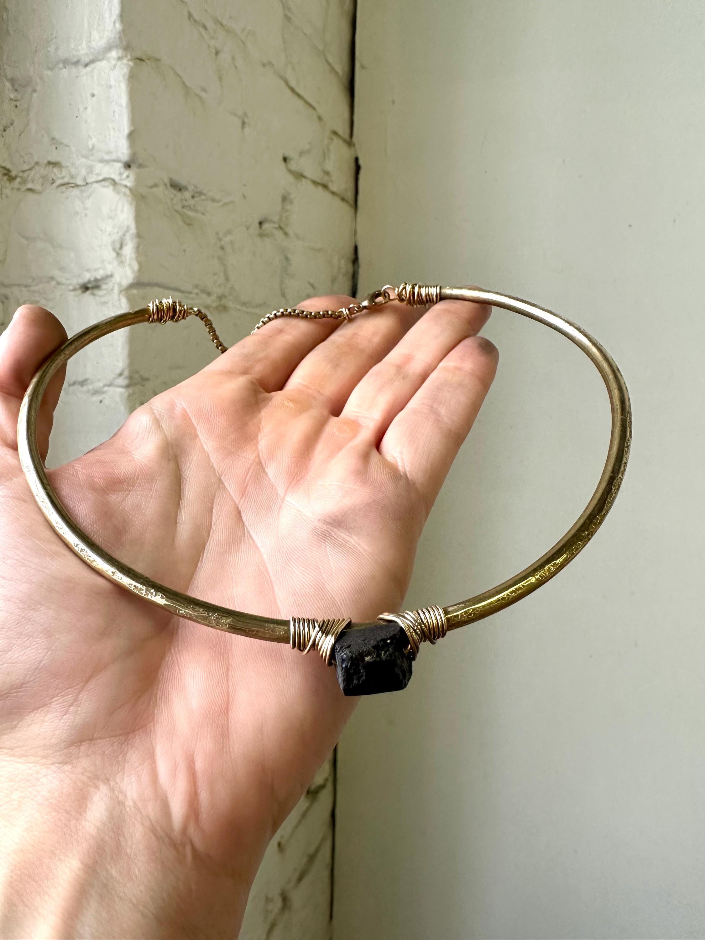 Handmade Brass Collar Necklace, Black Tourmaline Choker, Boho Jewelry
