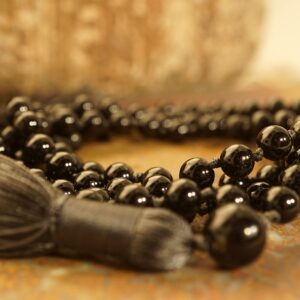 Black Tourmaline Mala Necklace (108 and Guru), Black Tourmaline 6mm Beads, Black Tourmaline AAA, Charcoal Black Tassel 2352