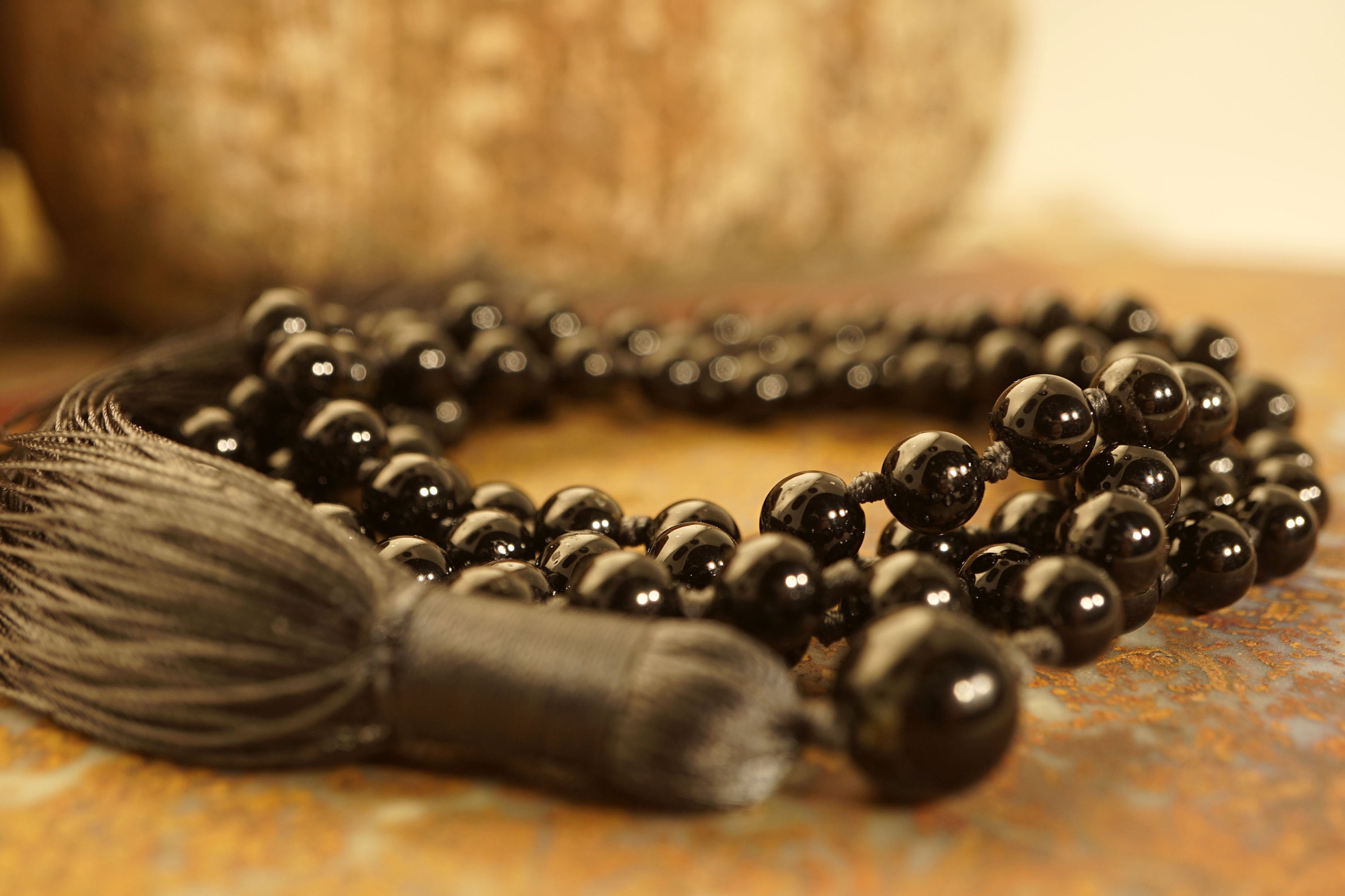 Black Tourmaline Mala Necklace (108 And Guru), Black Tourmaline 6mm Beads, Black Tourmaline Aaa, Charcoal Black Tassel 2352