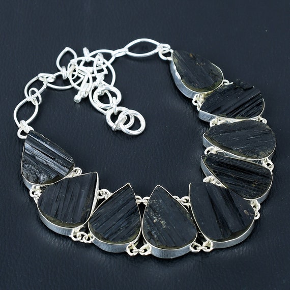 Black Tourmaline Pear Gemstone Necklace: Handmade 925 Sterling Silver