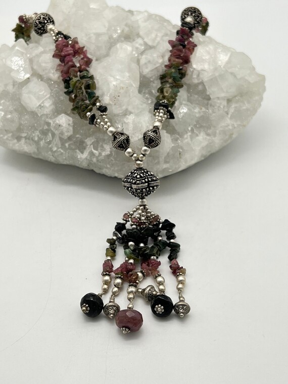 Three Strand Pink, Green And Black Tourmaline Necklace-18"