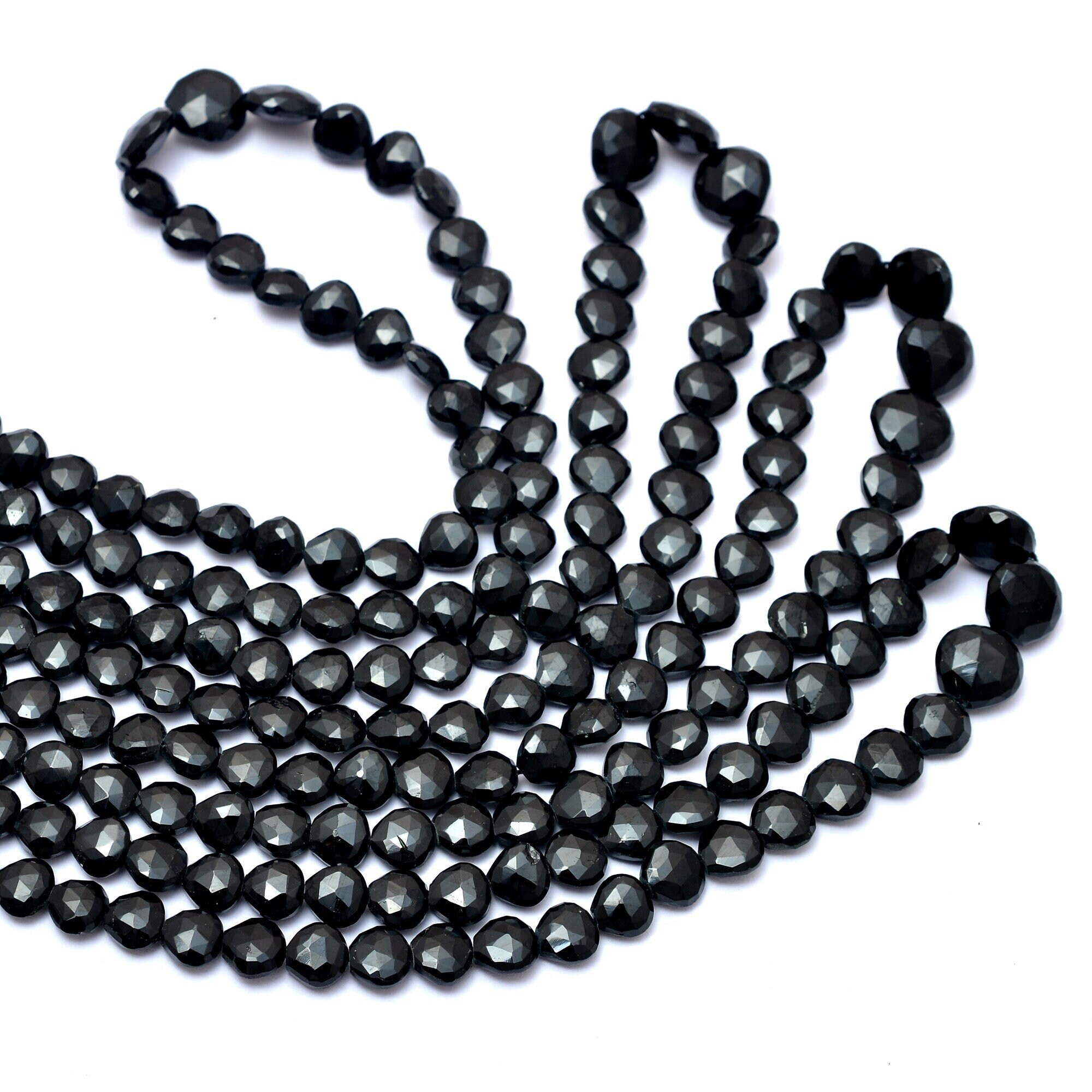Aaa+ Black Tourmaline Gemstone 6mm-10mm Faceted Heart Briolette Beads | 8inch Strand | Natural Black Tourmaline Straight Drill Fancy Beads
