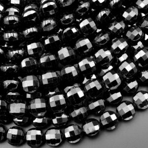 AAA Natural Black Tourmaline Faceted 6mm 8mm Coin Beads Gemstone 15.5" Strand