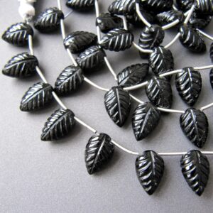 Black tourmaline carved leaves • 14x9mm • Pairs available • AAA / AA micro faceted briolettes • Natural gemstone • Jet black