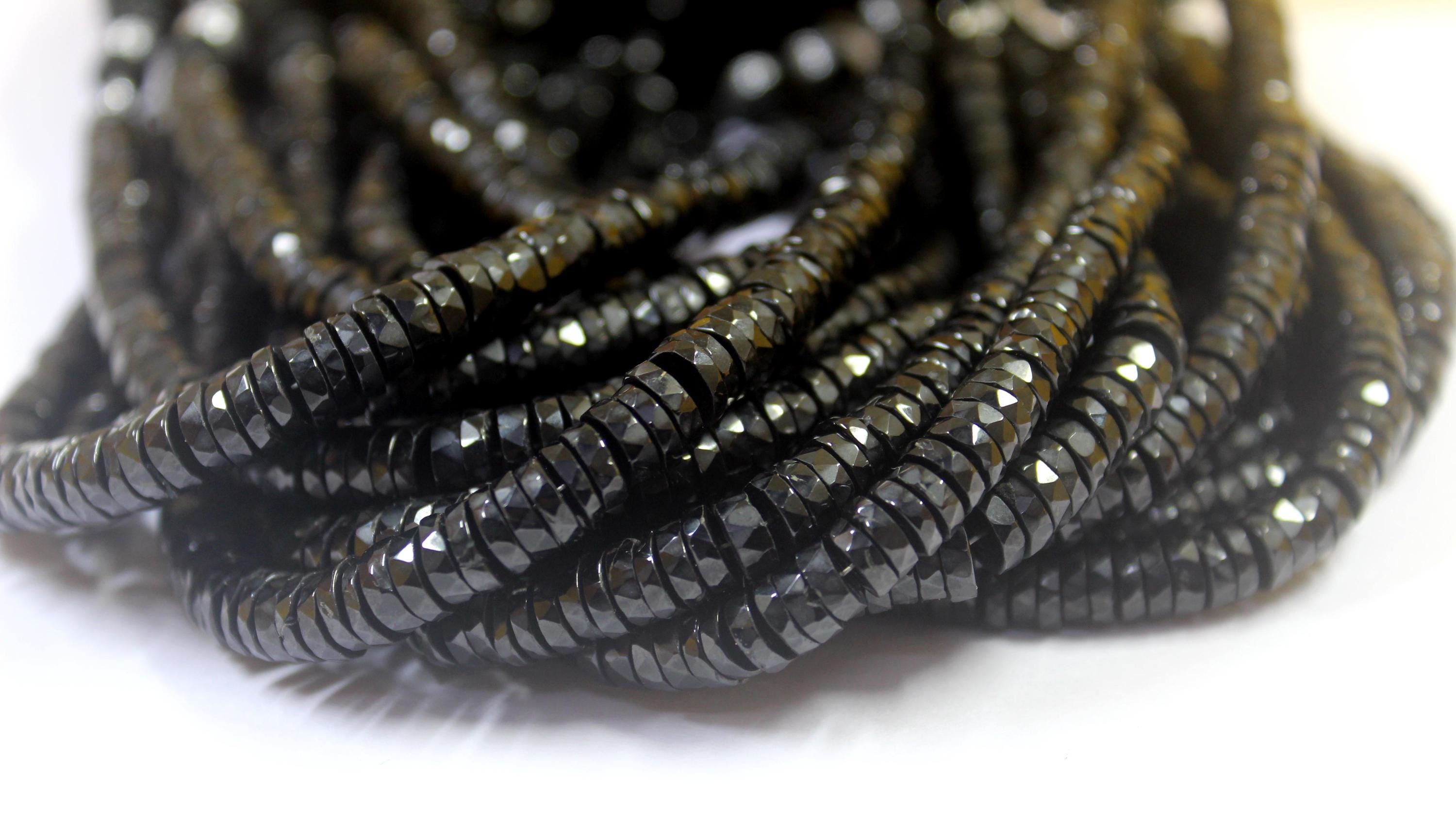 Black Tourmaline Faceted Tyre Beads: 6-6.5mm Gemstone Wheel Beads