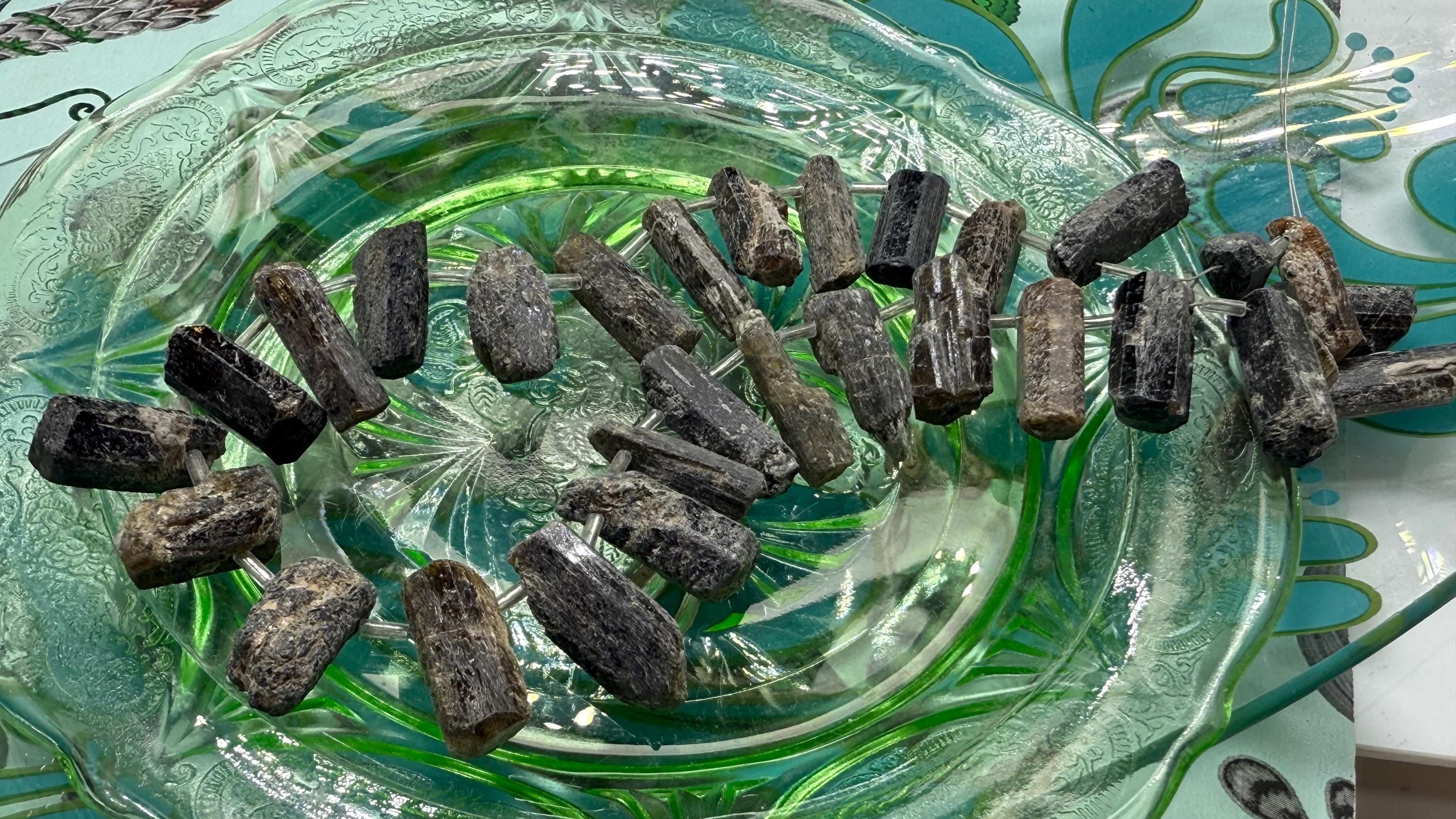 Fascinating Rustic Natural Black Tourmaline Slab Slice Drilled Beads  16-24mm  / .6mm Hole -  Unusual Beads