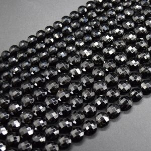 Black Tourmaline Gemstone Faceted Coin Disc Beads - 6mm & 8mm Sizes - 15" Strand