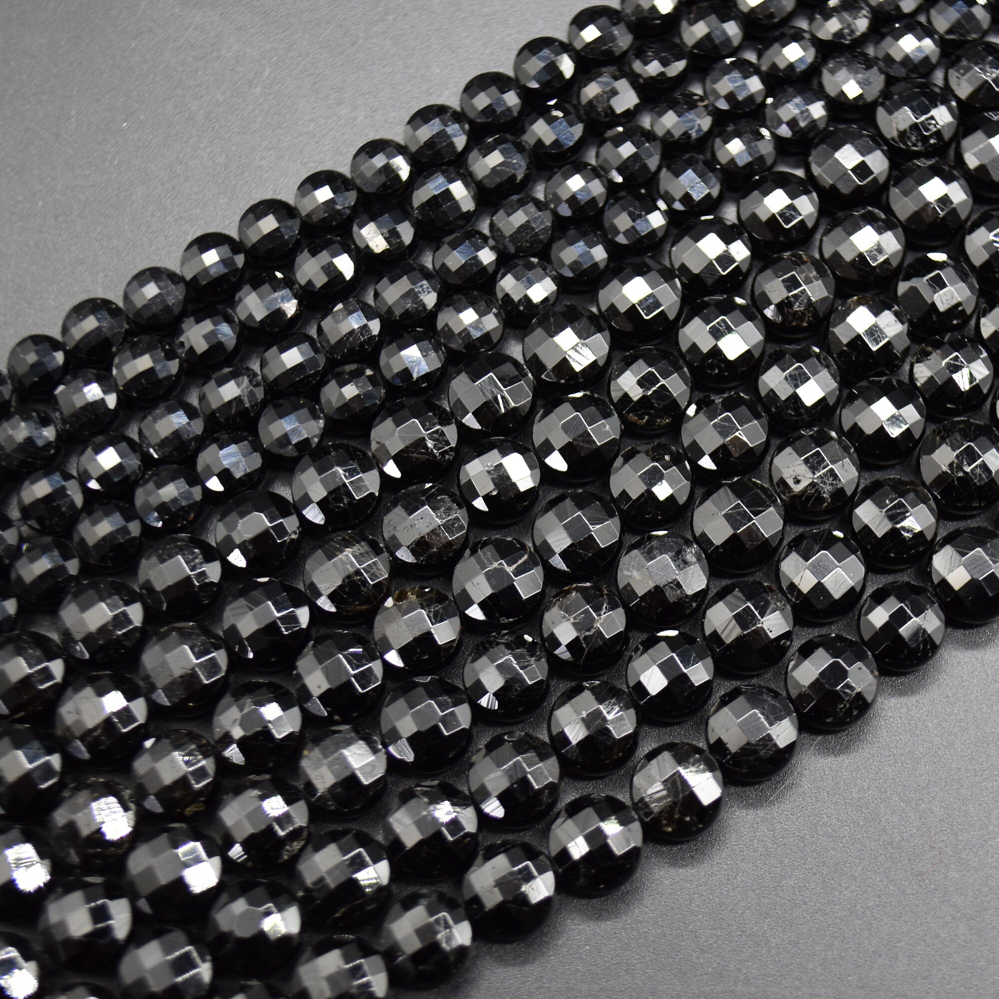 Black Tourmaline Gemstone Faceted Coin Disc Beads - 6mm & 8mm Sizes - 15" Strand