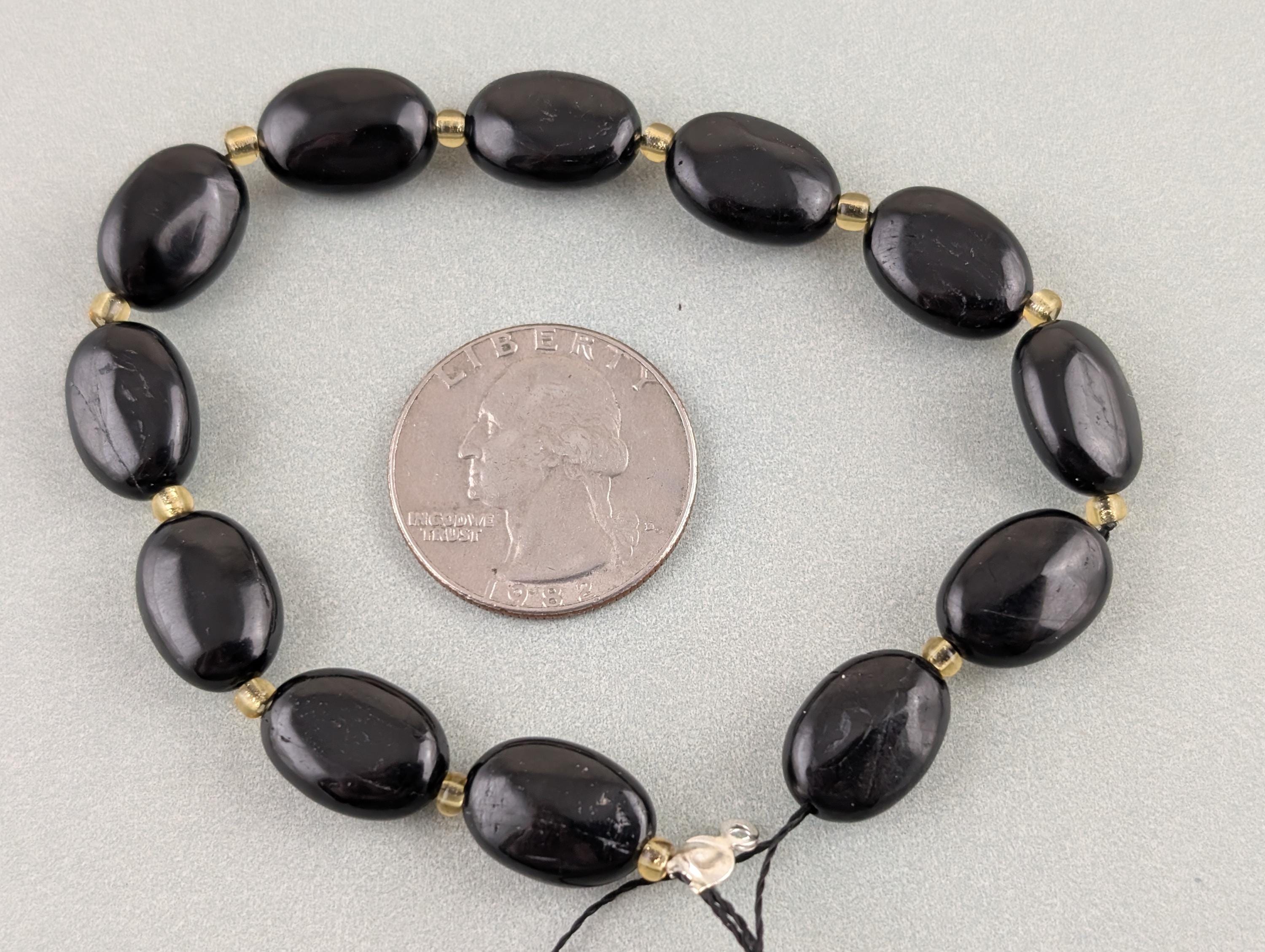 Natural Black Tourmaline Flat Oval Beads With Seed Beads, 14x10x6mm, Hole: 1mm, About 12 Pcs/7.5'' Strand   Ph2281